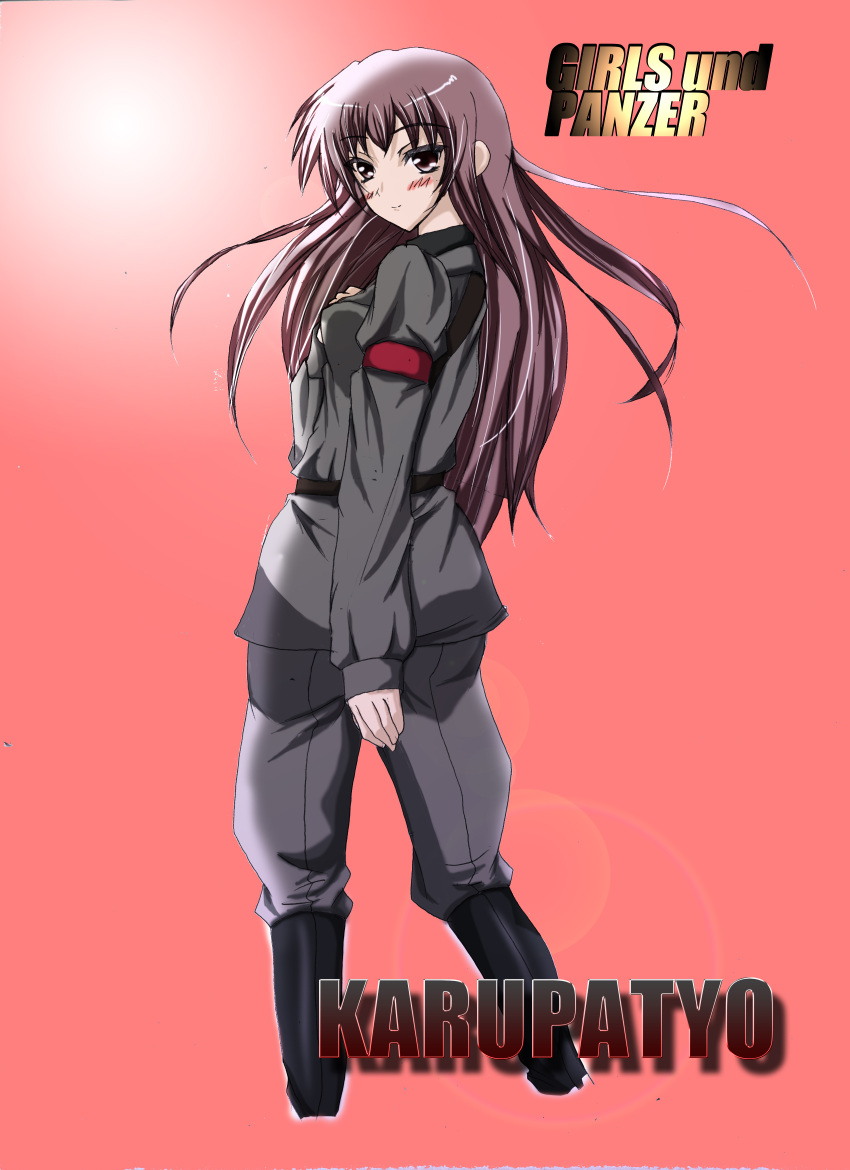 1girl absurdres back belt blush boots carpaccio character_name copyright_name dress_shirt english engrish from_behind girls_und_panzer highres jacket knee_boots lens_flare long_hair looking_at_viewer looking_back military military_uniform nanmi_(nicoseiga) pants ranguage shirt simple_background smile solo standing uniform