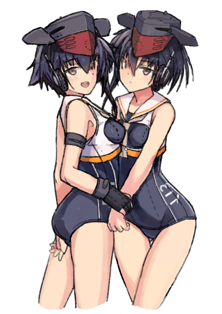 2girls asymmetrical_hair black_hair brown_eyes framed_breasts gloves hair_between_eyes hat headphones highres i-13_(kantai_collection) i-14_(kantai_collection) kantai_collection looking_at_viewer mcan multiple_girls neckerchief open_mouth partly_fingerless_gloves reversed sailor_collar school_swimsuit short_hair simple_background single_glove sisters swimsuit twins white_background