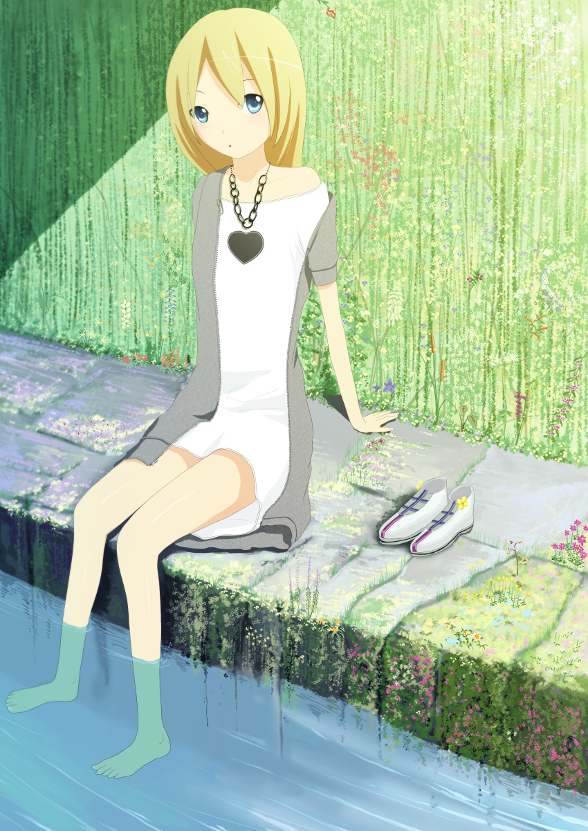 bad_id barefoot beni_hyoko_(pixiv) blonde_hair blue_eyes feet feet_in_water flower heart highres jewelry kuresu_(alice-pma) ledge long_hair moss necklace off_shoulder shoes soaking_feet unzipped wall water zipper