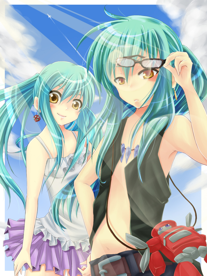 artist_colorb05 az_(colorb05) belt blue_hair brother_and_sister camisole dress earrings figure frills glasses hand_on_hip highres holding holding_glasses jewelry long_hair lua luca necklace orange_eyes ponytail siblings skirt smile twins twintails vest yellow_eyes yugioh_5d's yuu-gi-ou yuu-gi-ou_5d's