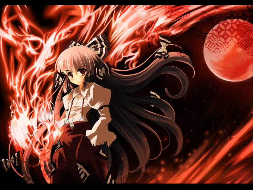 fire fujiwara_no_mokou hair_ribbon highres kurume_shou letterboxed long_hair moon red_eyes red_moon ribbon silver_hair solo suspenders touhou