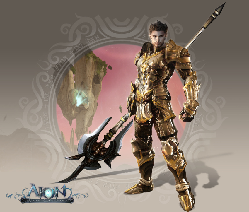 aion armor brown_hair elyos highres male official_art polearm weapon
