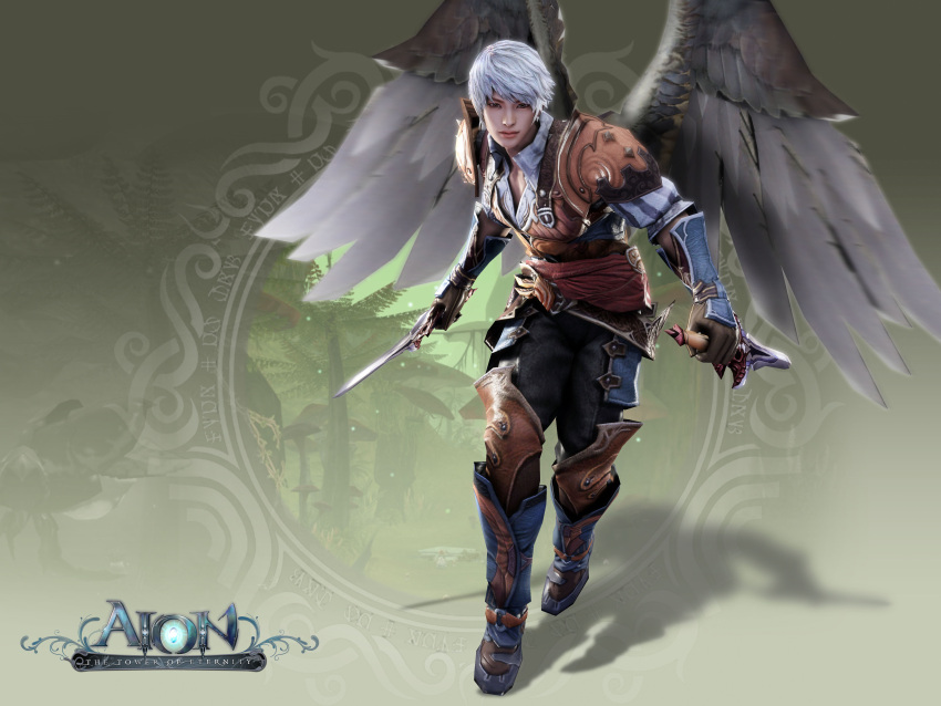 aion armor elyos highres knife leather male official_art white_hair wings