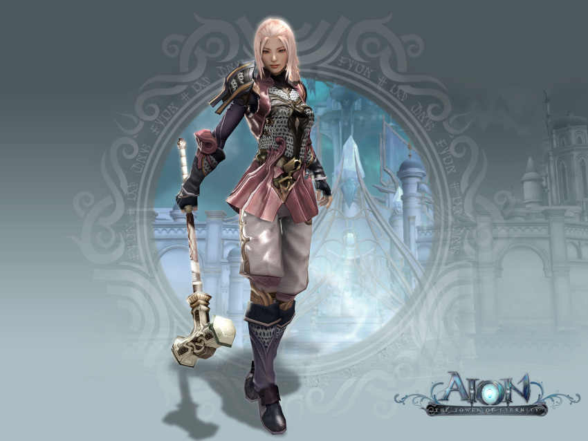 3d absurdres aion armor boots chainmail elyos highres official_art pink_hair solo warhammer weapon