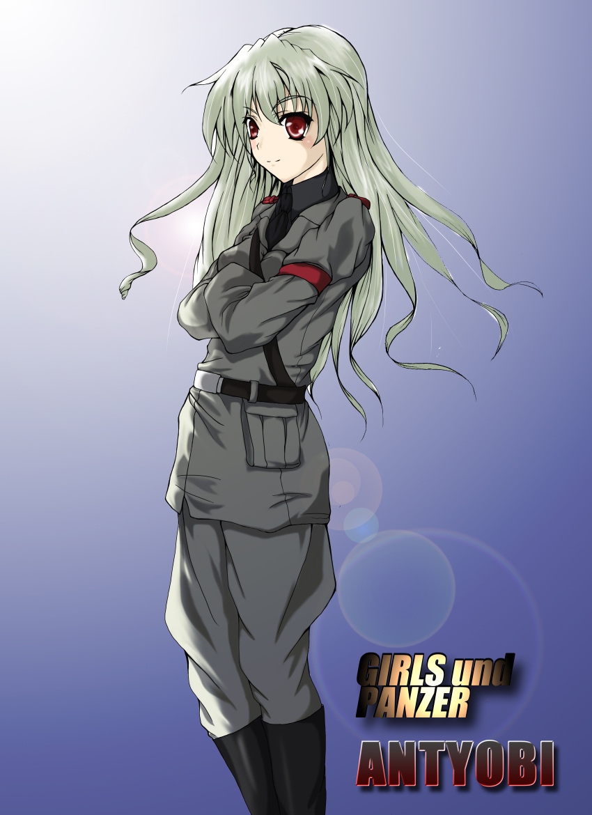 1girl absurdres alternate_hairstyle anchovy belt boots character_name copyright_name crossed_arms dress_shirt english engrish girls_und_panzer green_hair highres jacket knee_boots lens_flare long_hair looking_at_viewer military military_uniform nanmi_(nicoseiga) necktie pants ranguage red_eyes shirt simple_background smile solo standing uniform