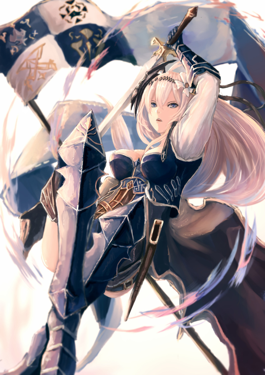 1girl ahoge arm_up armor armored_dress bangs belt blonde_hair blue_eyes blurry breasts cleavage d: d:&lt; depth_of_field dress flag flower gauntlets granblue_fantasy hair_between_eyes hair_flower hair_ornament hairband highres holding holding_sword holding_weapon jeanne_d'arc_(granblue_fantasy) lily_(flower) long_hair long_sleeves open_mouth pip_(red_juice1869) purple_dress sheath simple_background solo sword thigh_strap unsheathed weapon white_background