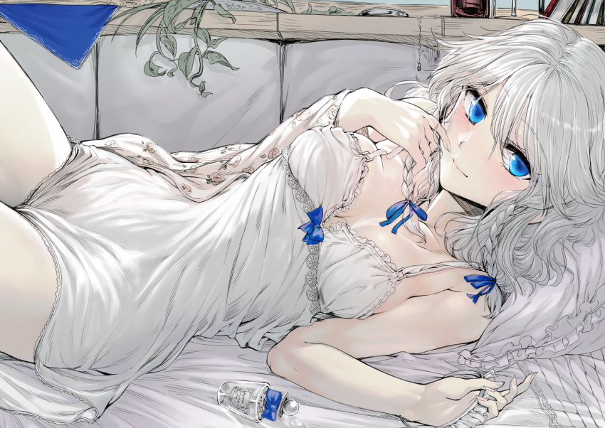 1girl babydoll bare_arms bare_shoulders blue_eyes blush bottle braid colored geppewi hair_ribbon headwear_removed izayoi_sakuya jewelry looking_at_viewer lying maid_headdress on_back perfume_bottle pillow pocket_watch ribbon short_hair silver_hair smile solo touhou twin_braids watch white_hair