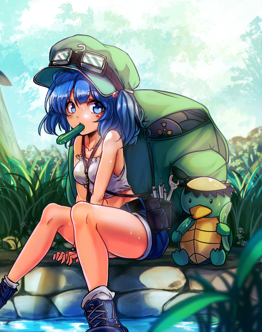 1girl alternate_costume backpack bag blue_eyes blue_hair blush boots breasts comic cucumber eating food_in_mouth goggles_on_hat hair_bobbles hair_ornament hat highres kappa kawashiro_nitori key knees_together_feet_apart koissa legs looking_at_viewer midriff mouth_hold plant short_hair shorts sitting solo strap_cleavage tank_top touhou twintails two_side_up v_arms watch watch white_legwear wrench