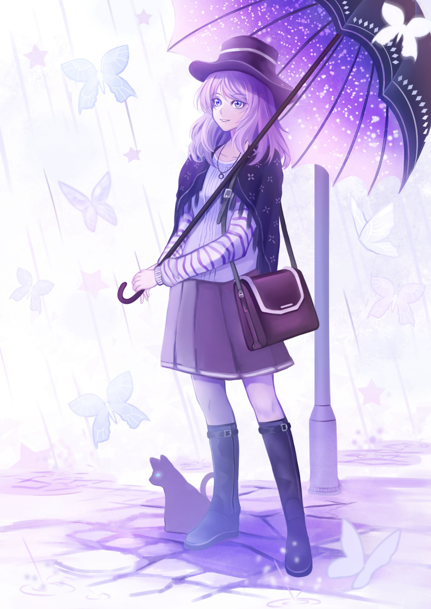 1girl absurdres bag black_boots blue_eyes boots butterfly cat eyebrows eyebrows_visible_through_hair handbag hat highres jewelry lamppost looking_to_the_side mr._j.w necklace original over_shoulder parasol princess purple purple_hair purple_skirt rain shawl skirt smile solo star striped_sleeves umbrella