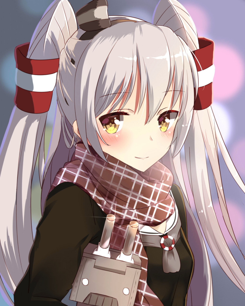 1girl amatsukaze_(kantai_collection) closed_mouth color1087 hair_tubes highres kantai_collection long_hair long_sleeves rensouhou-kun sailor_collar sailor_dress scarf silver_hair smile two_side_up