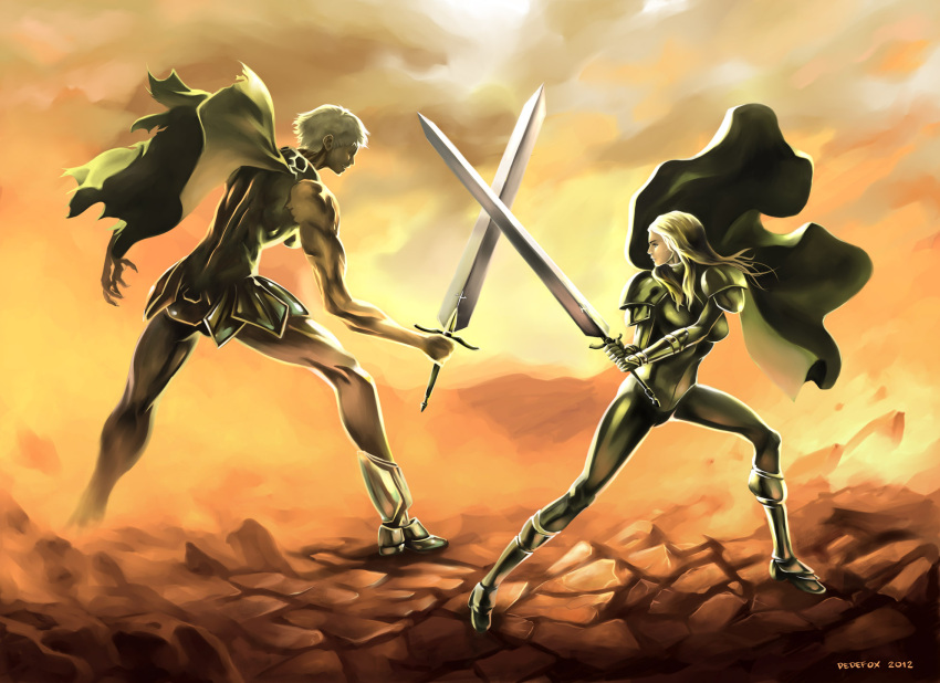 1girl 2012 armored_boots blonde_hair bodysuit cape claymore claymore_(sword) crossed_swords dated dust highres huge_weapon long_hair monster priscilla_(claymore) rock short_hair sword_fight teresa weapon