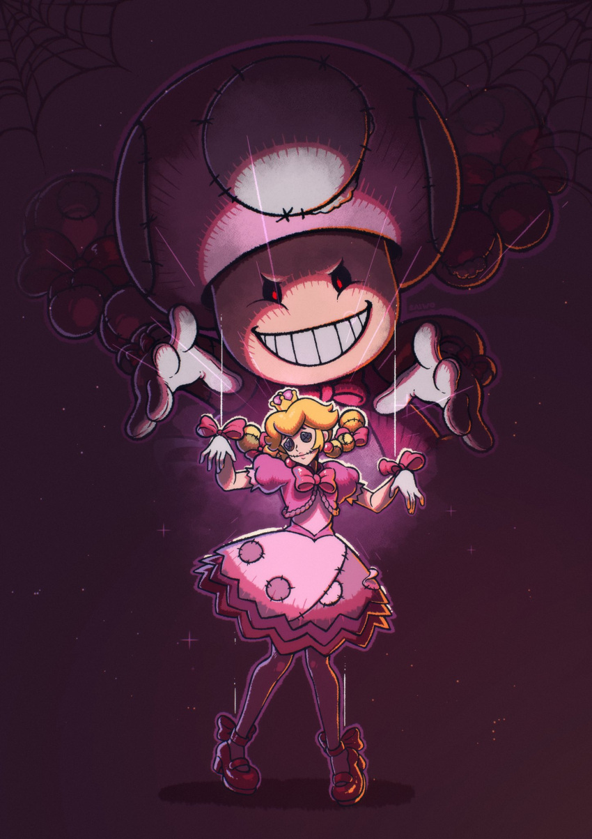 2girls black_sclera blonde_hair braid button_eyes colored_sclera crown dress earrings evil_smile gloves hair_ribbon highres jewelry marionette multiple_girls new_super_mario_bros._u_deluxe peachette pink_dress pink_ribbon puppet puppet_strings puppeteering red_eyes red_footwear red_ribbon ribbon saiwo_(saiwoproject) seams shadow silk smile sparkle sphere_earrings spider_web stitched_mouth stitches super_crown super_mario_bros. teeth toadette twin_braids twintails white_gloves