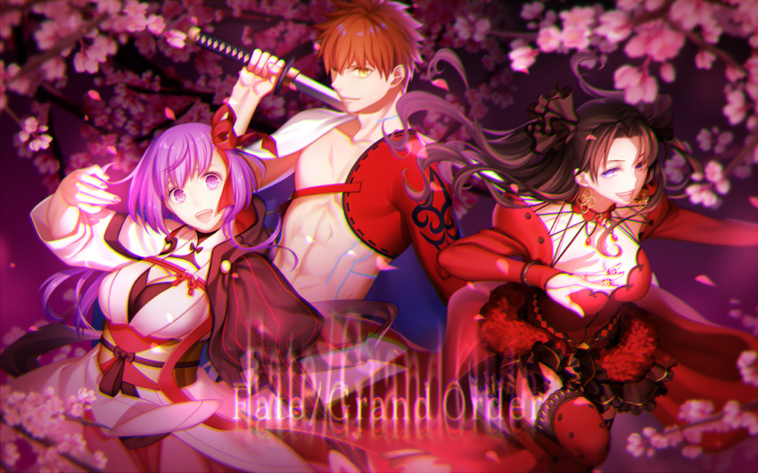 1boy 2girls :d abs arkray armor bangs black_hair blue_eyes blurry bracelet brown_hair cherry_blossoms depth_of_field dress earrings emiya_shirou eyelashes fate/grand_order fate/stay_night fate_(series) frills hair_ornament hair_ribbon holding_sword holding_weapon hood_down japanese_clothes jewelry long_hair long_sleeves looking_at_viewer matou_sakura multiple_girls nagatekkou nail_polish navel obi open_mouth outstretched_hand over_shoulder parted_bangs petals polka_dot polka_dot_legwear puffy_sleeves purple_hair red_dress red_eyes red_legwear red_ribbon ribbon ribbon_trim ring sash shade short_hair smile standing_on_one_leg star sword sword_over_shoulder teeth thigh-highs toosaka_rin two_side_up violet_eyes wallpaper weapon weapon_over_shoulder white_ribbon yellow_eyes zettai_ryouiki