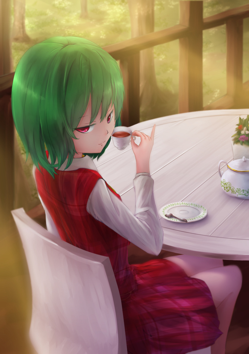 1girl ascot borushichi chair collared_shirt colored_eyelashes cup forest grass green_hair half-closed_eyes highres kazami_yuuka light_rays long_sleeves looking_at_viewer looking_back nature outdoors pinky_out plaid plaid_skirt plaid_vest red_eyes saucer shirt short_hair sitting skirt smile smug solo sunlight table tea teacup teapot teaspoon touhou tree