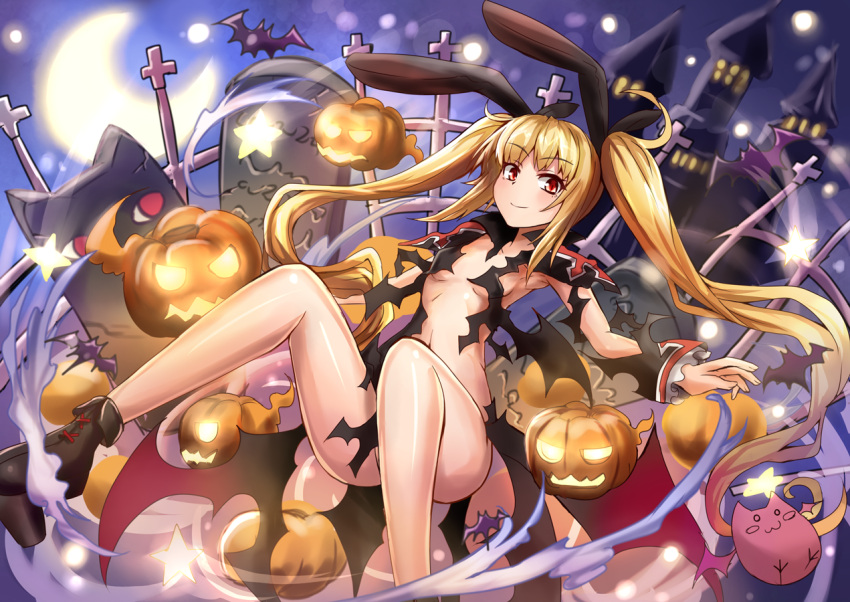 1girl :3 animal_ears ankle_boots armpits bangs bat black_cat blazblue blonde_hair blush boots breasts castle cat convenient_leg crescent_moon cross dissolving_clothes dress fake_animal_ears familiar fence floating_hair gii glowing gradient graveyard hair_ribbon halloween hips jack-o'-lantern legs light_smile long_hair looking_at_viewer moon nago navel night night_sky no_bra o_o outdoors rabbit_ears rachel_alucard red_eyes revealing_clothes ribbon sidelocks sitting sky small_breasts smile solo star sumapan tombstone twintails under_boob very_long_hair wind