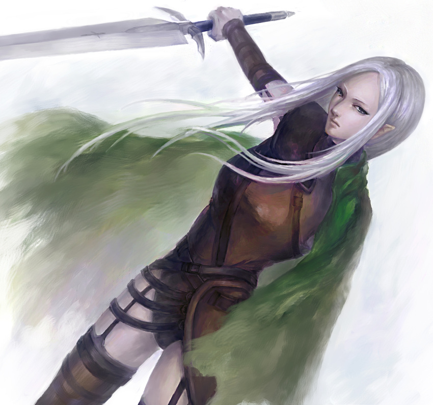 1girl amputee cape claymore claymore_(sword) crossing garter_straps highres irene leather lips looking_at_viewer nose pointy_ears silver_hair sketch solo sword thigh-highs weapon