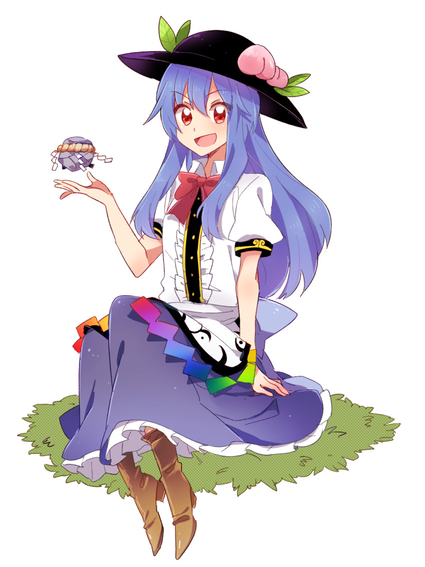 &gt;:d 1girl :d blue_hair boots collared_shirt food food_on_head fruit fruit_on_head full_body hat high_heel_boots high_heels highres hinanawi_tenshi keystone layered_skirt long_hair looking_at_viewer object_on_head open_mouth peach red_eyes shirt sitting six_(fnrptal1010) skirt smile solo touhou very_long_hair