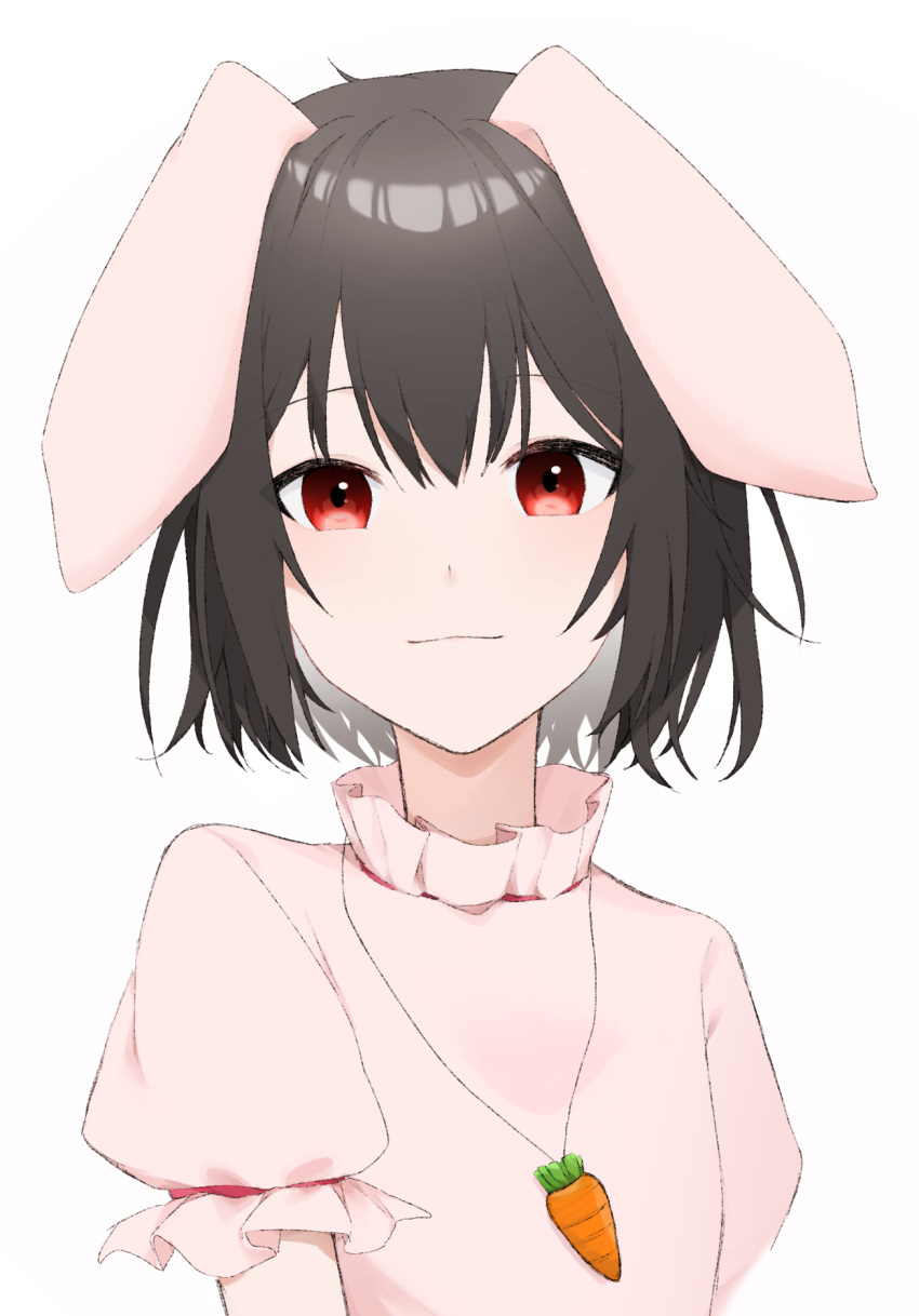 1girl animal_ears bangs black_hair blush carrot_necklace closed_mouth commentary_request dress eyebrows_visible_through_hair floppy_ears frilled_sleeves frills hair_between_eyes highres inaba_tewi kimi_no_yokogao looking_at_viewer pink_dress rabbit_ears rabbit_girl red_eyes shiny shiny_hair short_hair simple_background smile solo touhou upper_body white_background