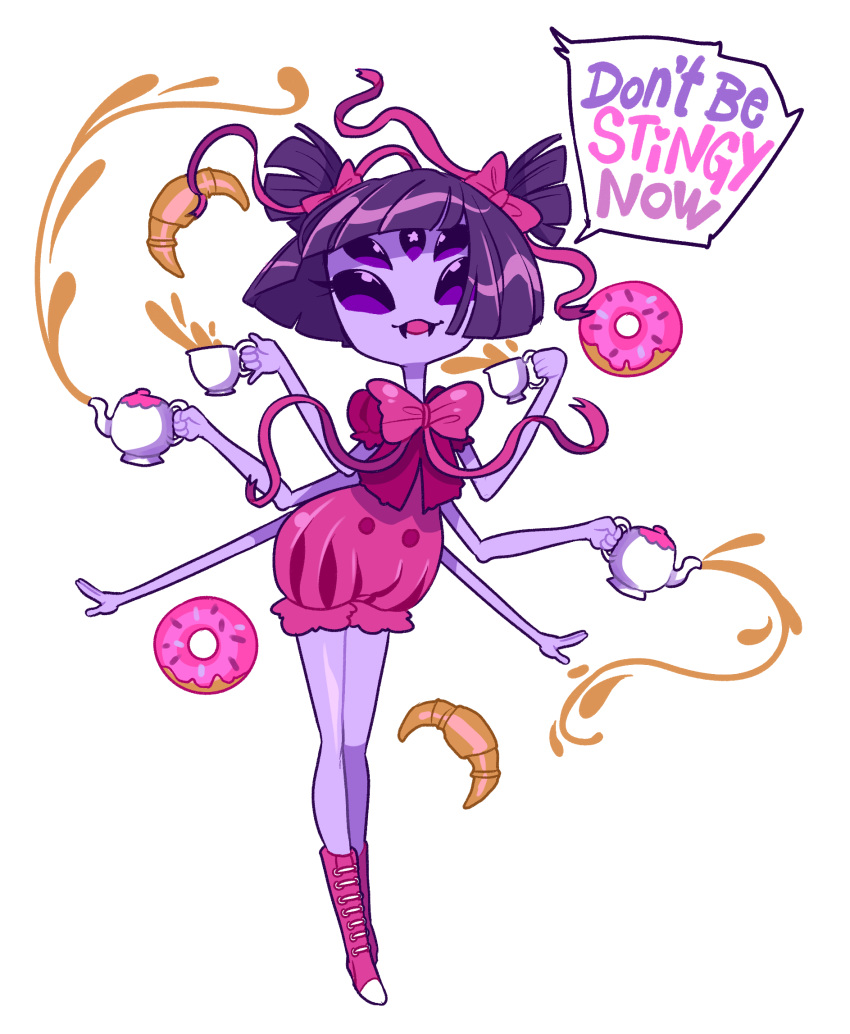1girl bow commentary croissant cup doughnut english extra_eyes fangs food hair_bow hair_ornament highres insect_girl monster_girl muffet multiple_arms puffy_sleeves pumpkin_pants purple_hair ribbon shoes short_hair simple_background solo speech_bubble spider spider_girl teacup teapot two_side_up undertale violet_eyes white_background