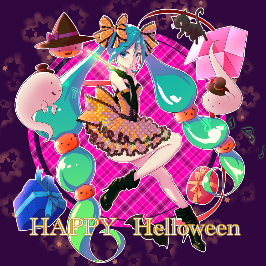 1girl aqua_hair black_gloves blue_eyes cat earrings elbow_gloves ghost gift gloves green_hair halloween happy_halloween hat hatsune_miku highres jewelry kyo_(kyo21413) long_hair looking_at_viewer solo twintails typo very_long_hair vocaloid wand witch_hat