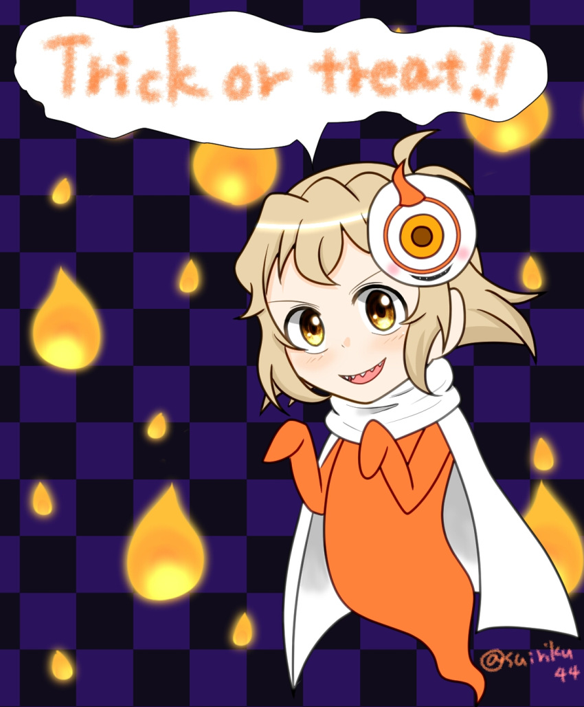 1girl brown_hair cape cosplay crossover eyeball female ghost halloween highres kamen_rider kamen_rider_ghost_(series) parody seiyuu_connection senki_zesshou_symphogear sharp_teeth solo tachibana_hibiki_(symphogear) trick_or_treat yurusen yuuki_aoi