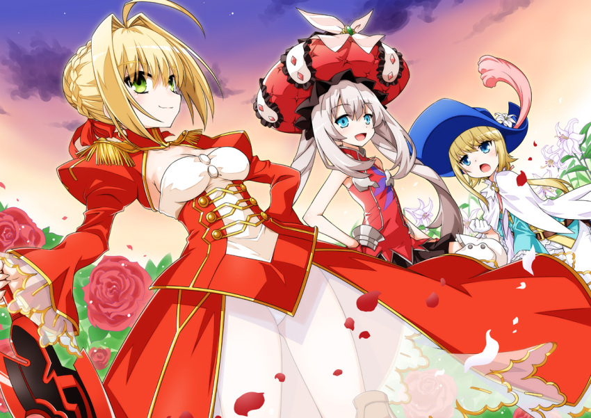 2girls :d aestus_estus ahoge akou_roushi androgynous blonde_hair blue_eyes blush boots breasts cleavage dress epaulettes fate/extra fate/extra_ccc fate/grand_order fate_(series) flower gloves green_eyes hair_ribbon hat le_chevalier_d'eon_(fate/grand_order) long_hair marie_antoinette_(fate/grand_order) multiple_girls open_mouth petals red_dress ribbon rose saber_extra see-through silver_hair skirt sleeveless smile sword thigh-highs thigh_boots twintails veil weapon white_gloves