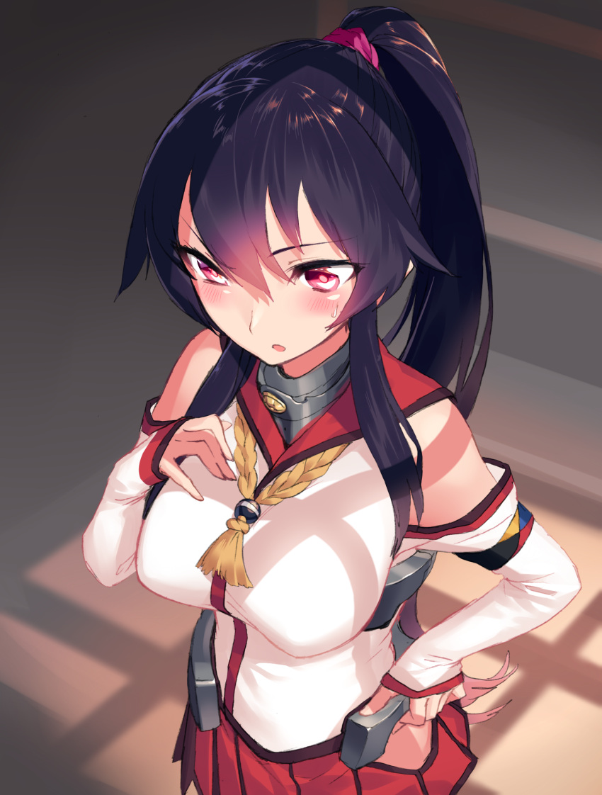 1girl bare_shoulders black_hair blew_andwhite blush breasts cosplay detached_sleeves highres kantai_collection large_breasts long_hair ponytail red_eyes skirt solo yahagi_(kantai_collection) yamato_(kantai_collection)_(cosplay)
