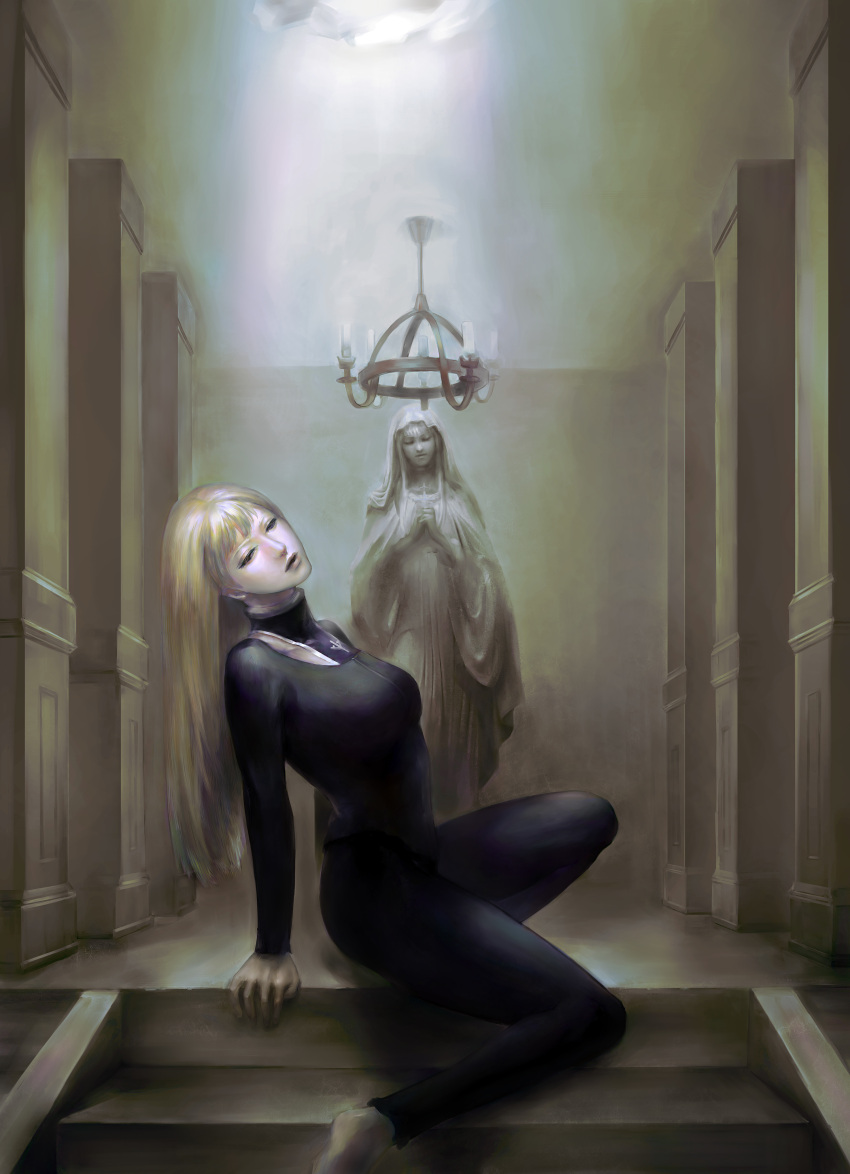 1girl absurdres alicia_(claymore) arm_support blonde_hair bodysuit breasts chandelier claymore closed_eyes crossing highres large_breasts lips long_hair nose sitting solo stairs statue