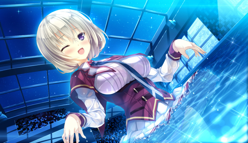 1girl ;d ashishun blush bra dutch_angle game_cg indoor_pool kanna_kana lens_flare necktie night one_eye_closed open_mouth panties partially_submerged pleated_skirt pool primal_hearts school_uniform see-through short_hair skirt skirt_lift sky smile solo sparkle star_(sky) starry_sky underwear violet_eyes water wet wet_clothes white_hair
