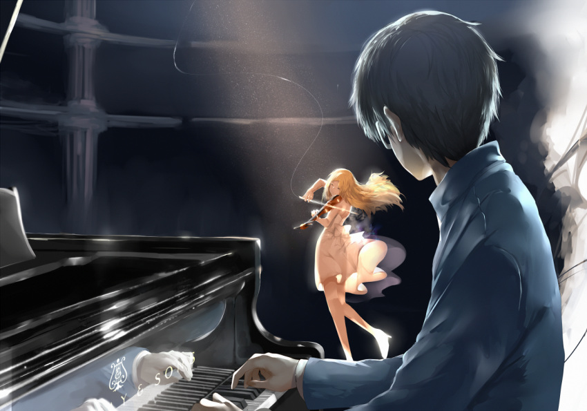 1boy 1girl arima_kousei black_hair blonde_hair bow closed_eyes dress glasses grand_piano hews_hack high_heels instrument light logo long_hair long_sleeves looking_at_another miyazono_kawori piano playing_instrument reflection shigatsu_wa_kimi_no_uso short_hair sitting stage text violin white_dress