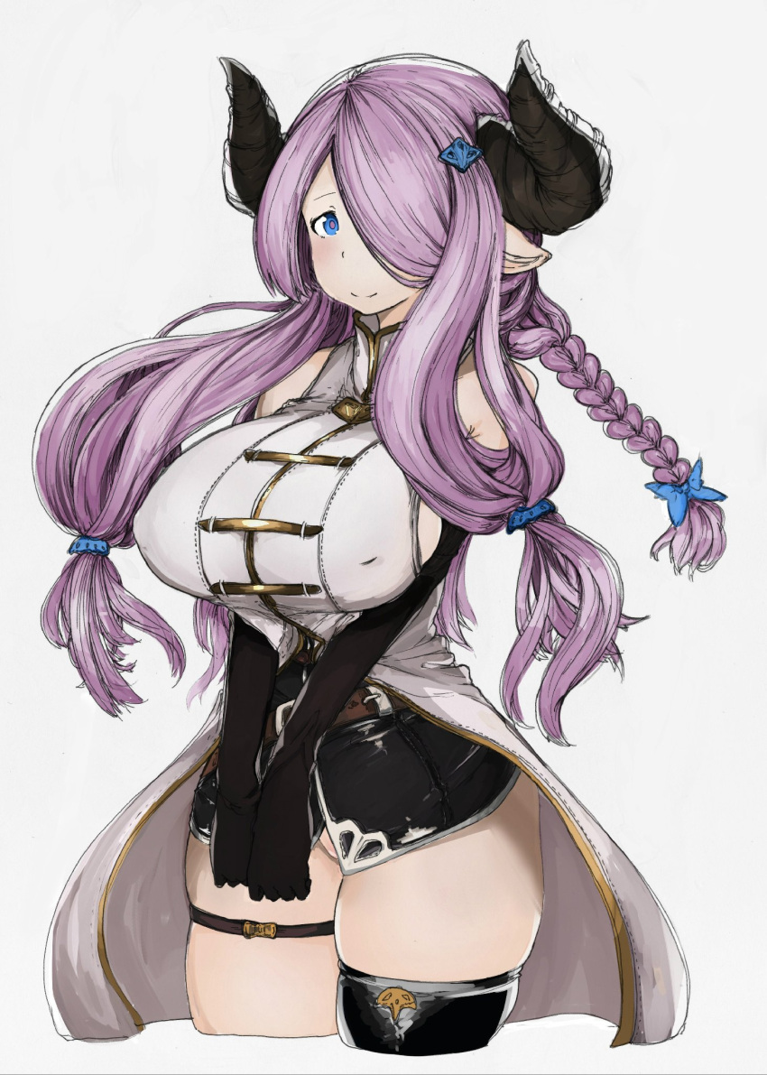 1girl bare_shoulders black_gloves blue_eyes blush breasts demon_horns elbow_gloves gloves granblue_fantasy hair_ornament hair_over_one_eye highres horns kei_(soundcross) large_breasts lavender_hair long_hair looking_at_viewer narumeia_(granblue_fantasy) pointy_ears simple_background single_thighhigh skindentation smile solo thigh-highs v_arms white_background
