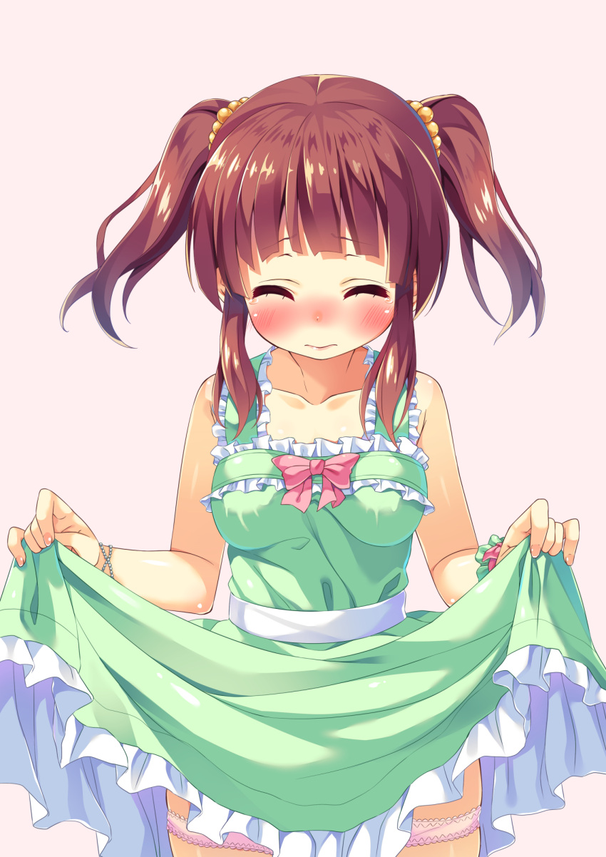 1girl 3: asa_no_ha blush brown_hair closed_eyes hair_bobbles hair_ornament highres idolmaster idolmaster_cinderella_girls lifted_by_self ogata_chieri panties panty_pull skirt_hold solo twintails underwear