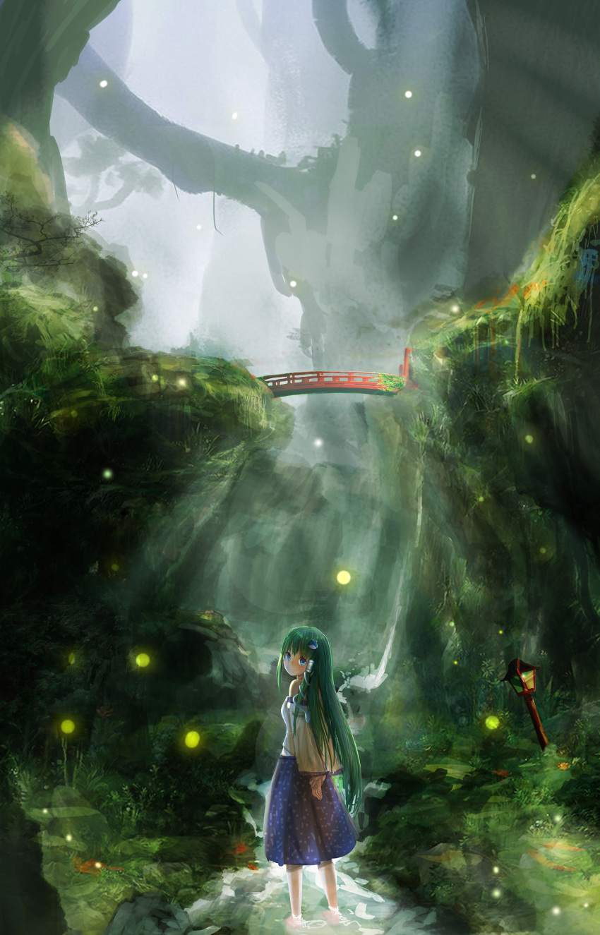 1girl absurdres aki_tsui arms_behind_back backlighting barefoot blue_eyes blue_skirt breasts bridge commentary_request detached_sleeves fireflies fog forest frog_hair_ornament grass green_hair hair_ornament hair_tubes highres kochiya_sanae legs light_rays long_hair long_skirt looking_at_viewer looking_back moss nature parted_lips rock rope scenery shimenawa skirt sleeveless snake_hair_ornament solo stairs stream teeth torii touhou tree very_long_hair wading water waterfall when_you_see_it wooden_lantern wrist_grab