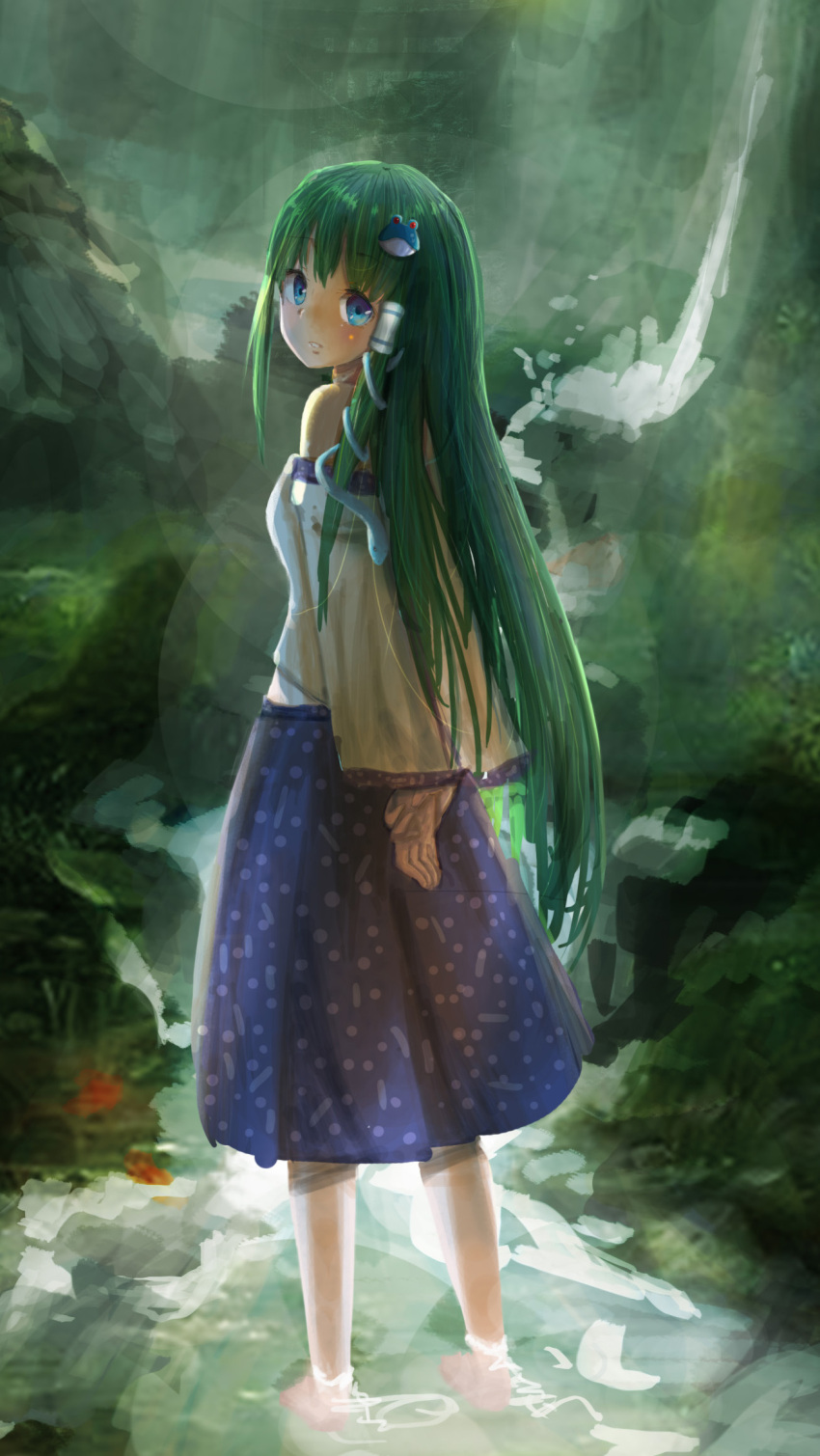 1girl aki_tsui arms_behind_back backlighting barefoot blue_eyes blue_skirt breasts detached_sleeves fog forest frog_hair_ornament grass green_hair hair_ornament hair_tubes highres kochiya_sanae legs light_rays long_hair long_skirt looking_at_viewer looking_back moss nature parted_lips rock rope scenery shimenawa skirt sleeveless snake_hair_ornament solo stairs stream teeth torii touhou tree very_long_hair wading water when_you_see_it wrist_grab
