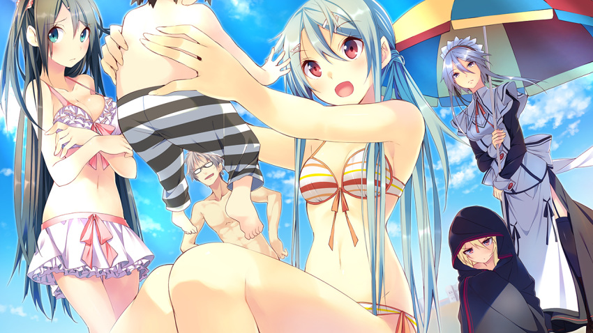 1boy 4girls aka-san aka-san_to_kyuuketsuki alexandra_ann-christine_axelina baby bikini black_hair blonde_hair blue_eyes blue_hair covering covering_breasts front-tie_top game_cg glasses hiding holding ingot kobayashi_kamui kuwashima_rein maid_headdress multiple_girls navel open_mouth red_eyes rokukakuin_konoha shugetsu_ikushima side-tie_bikini silver_hair sky striped striped_bikini striped_swimsuit swimsuit white_bikini white_swimsuit