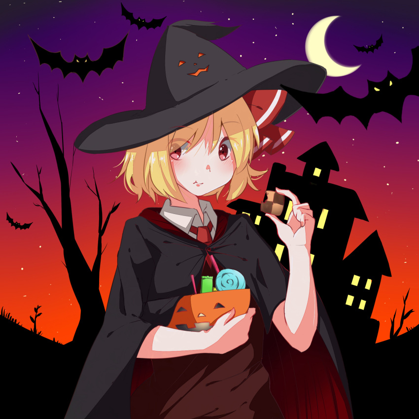 1girl bat blonde_hair blush bowl candy cloak cookie crescent_moon eating food halloween hat highres jack-o'-lantern lollipop looking_at_viewer maikuro moon red_eyes rumia solo touhou witch_hat