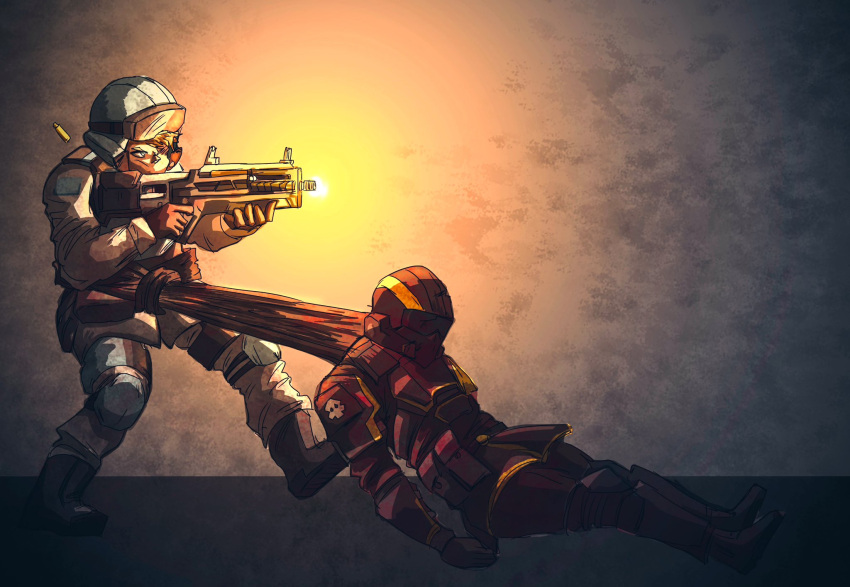 1girl ambiguous_gender ammunition_pouch armor assault_rifle black_gloves blonde_hair boots bulletproof_vest bullpup cape dragging firing gloves goggles goggles_on_headwear gun helldiver_(helldivers) helldivers_(series) helmet highres military_uniform pauldrons pouch primeavel rifle seaf_soldier_(helldivers) shell_casing short_hair shoulder_armor simple_background weapon