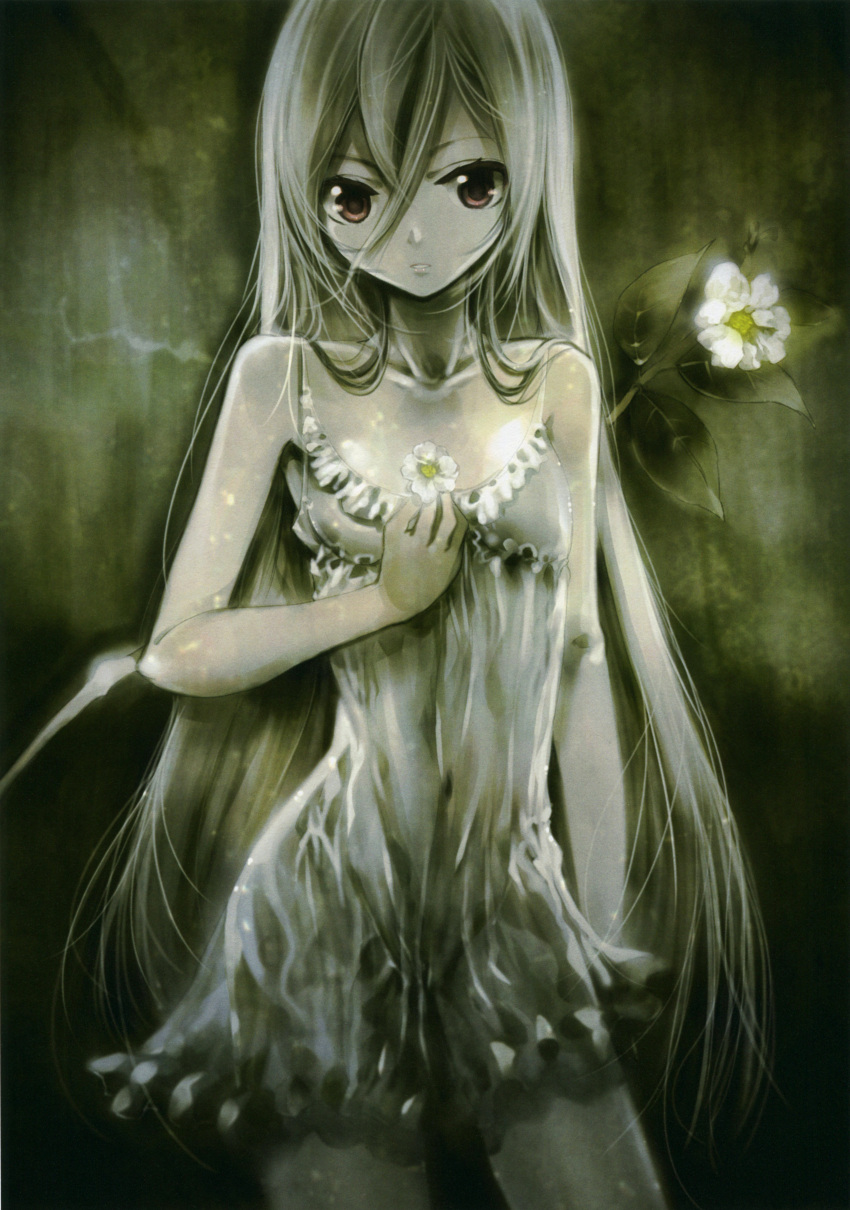 1girl absurdres dress grey_hair highres kei_(keigarou) long_hair looking_at_viewer original red_eyes white_flower