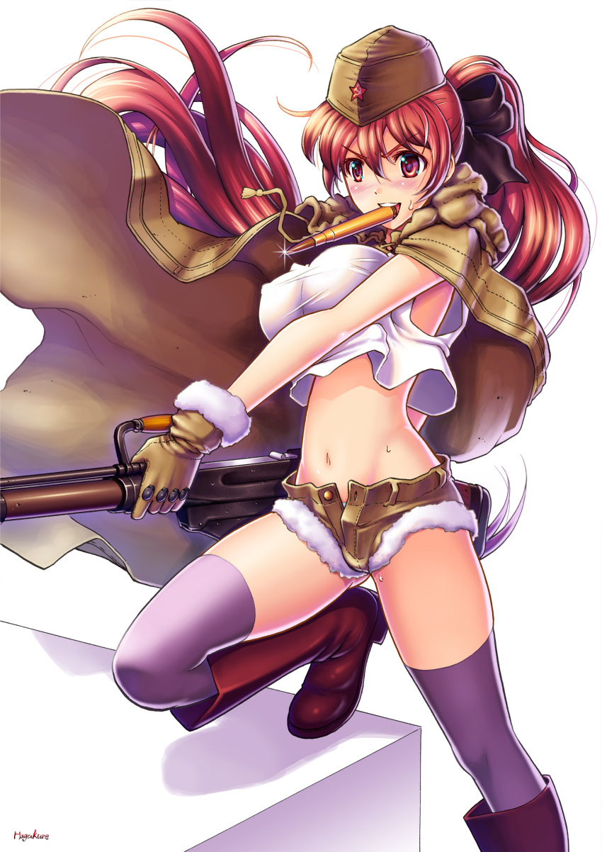 &gt;:d 1girl :d artist_name blush boots bow breasts brown_gloves cape cartridge crop_top crop_top_overhang fur_gloves gloves gun hair_bow hammer_and_sickle hat highres knee_boots large_breasts long_hair midriff mouth_hold navel number10_(hagakure) open_fly open_mouth original ponytail ptrs-41 purple_legwear red_boots red_eyes rifle shirt short_shorts shorts skindentation smile solo sweatdrop tank_top taut_clothes taut_shirt thigh-highs unzipped very_long_hair weapon white_shirt