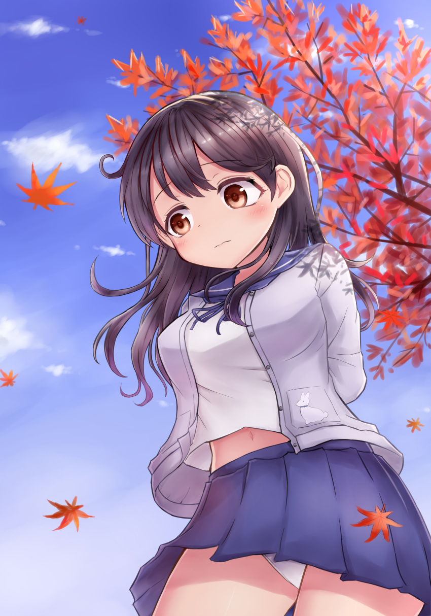 1girl absurdres arms_behind_back autumn_leaves blue_skirt blue_sky brown_eyes brown_hair cardigan eyelashes falling_leaves from_below highres jacket kantai_collection looking_away navel neit_ni_sei open_cardigan open_clothes open_jacket panties pantyshot pleated_skirt sailor_collar school_uniform shade shirt skirt sky solo standing underwear ushio_(kantai_collection) wavy_mouth white_panties white_shirt