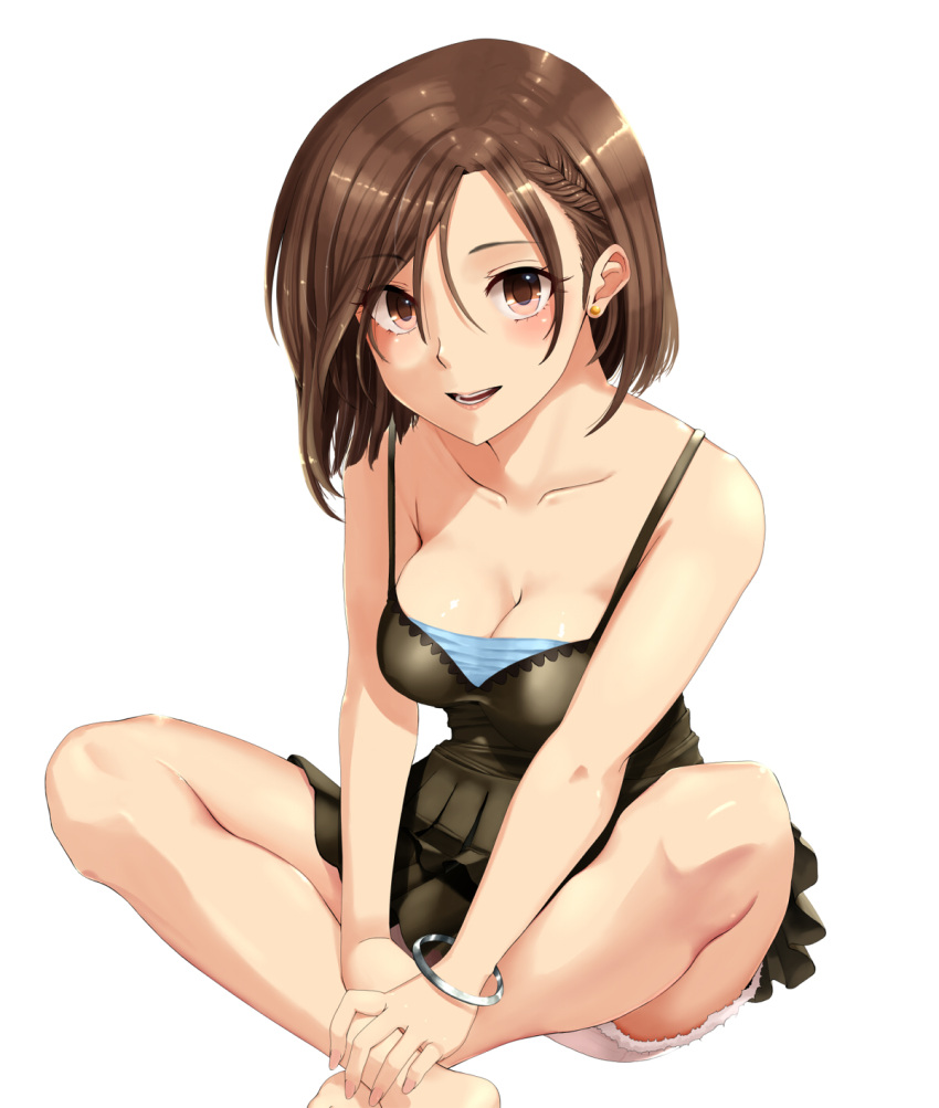 1girl :d bare_legs bare_shoulders black_dress blush bracelet braid breasts brown_hair cleavage collarbone dress earrings french_braid hands_on_feet highres idolmaster idolmaster_cinderella_girls jewelry looking_at_viewer mizuki_seira open_mouth parted_lips saty-rokuji short_hair sitting sleeveless sleeveless_dress smile solo