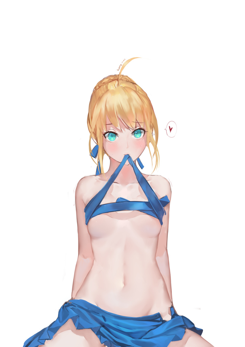 1girl absurdres ahoge blonde_hair blue_eyes blush braid breasts budget_sarashi collarbone fate/stay_night fate_(series) heart highres kamachi_kamachi-ko looking_at_viewer mouth_hold navel no_panties open_clothes open_skirt ribbon ribbon_in_mouth saber sarashi skirt small_breasts solo spoken_heart under_boob
