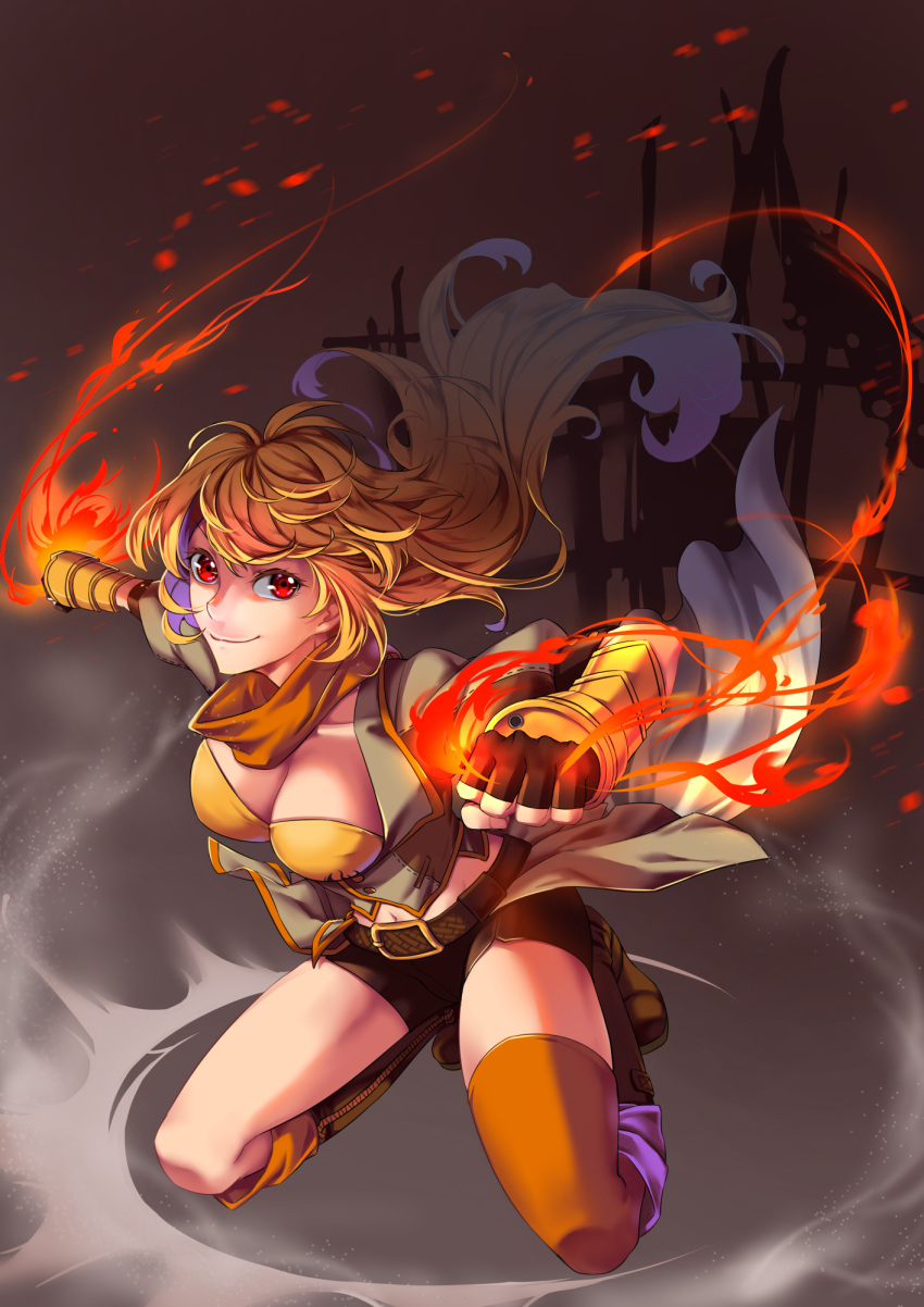 1girl blonde_hair breasts cleavage fingerless_gloves fire gloves highres jh large_breasts looking_at_viewer midriff navel red_eyes rwby single_thighhigh smile solo thigh-highs yang_xiao_long
