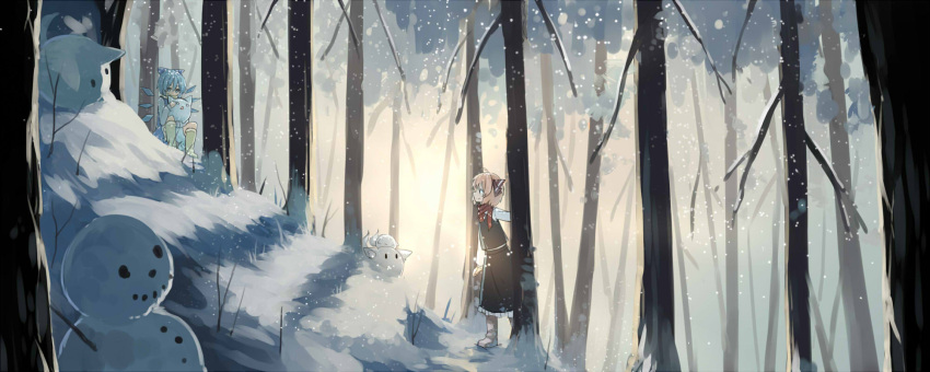 2girls bangs black_skirt blonde_hair blue_hair boots bow cirno d: forest grass hair_bow highres hug ice ice_wings kneehighs long_sleeves multiple_girls nature o_o open_mouth outdoors rumia scarf sh_(562835932) short_hair sitting skirt skirt_set smile snow snowing snowman standing sun touhou tree triangle_mouth wings