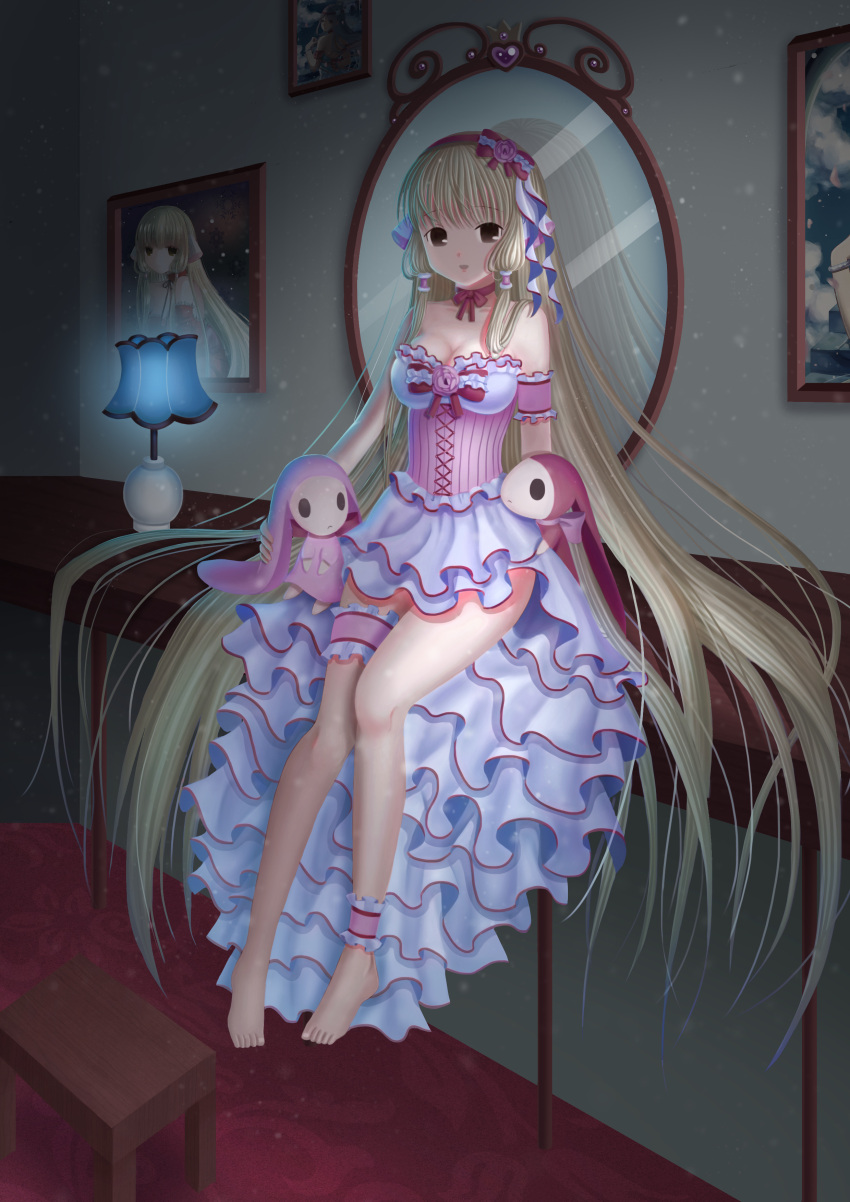 1girl absurdres ankle_cuffs barefoot blonde_hair breasts brown_eyes chii chobits cleavage dress full_body hairband heart highres leg_garter long_hair mirror photo_(object) small_big_dot solo very_long_hair