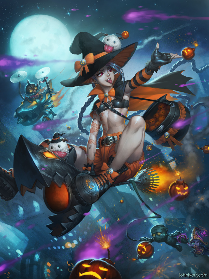 2boys 2girls :p amumu bag bandages blue_hair bomb bow broom broom_riding corki facial_hair fingerless_gloves flat_chest flying gloves goggles hat hat_bow hat_ribbon highres jack-o'-lantern jinx_(league_of_legends) league_of_legends lulu_(league_of_legends) midriff moon multiple_boys multiple_girls mustache navel night night_sky poro_(league_of_legends) propeller red_eyes ribbon shoes sky speh thighs tongue tongue_out watermark web_address witch_hat