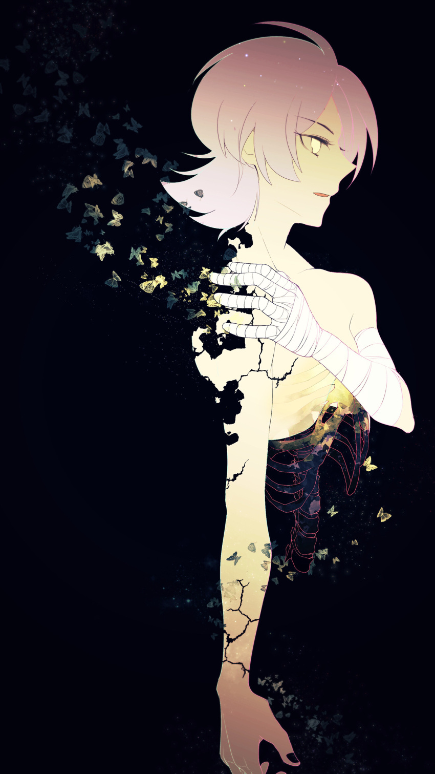 1boy 3h absurdres bandaged_arm black_background black_nails bone butterfly collarbone concrete_revolutio cracked_skin dissolving gradient_hair hand_on_own_shoulder highres hitoyoshi_jirou light_particles multicolored_hair nail_polish no_pupils nude parted_lips pink_hair pointy_nose profile ribs short_hair simple_background solo spine star_(sky) upper_body yellow_eyes