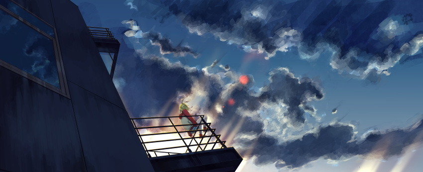 1girl absurdres back balcony blonde_hair bow building clouds cloudy_sky cross-laced_footwear dutch_angle from_below glass hair_bow hairband highres hood_down hoodie kagamine_rin long_sleeves no.734 outdoors railing red_shoes reflection shoes short_hair shorts sitting sky socks solo sunlight vocaloid wind window