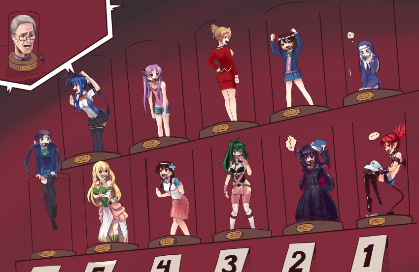 1boy 6+girls ? absurdres against_glass agent_aika ahoge akari_acura alex_trebek angry antenna_hair bare_shoulders bat_wings black_hair black_legwear blazblue blazblue_remix_heart blonde_hair blue_eyes blue_hair blush boa_(4chan) boku_wa_tomodachi_ga_sukunai book bow breast_lift breasts brown_hair choujigen_game_neptune cleavage clenched_hand climbing confused crossover dalian dantalian_no_shoka demon_girl demon_tail disgaea dress earrings etna flower futurama gag gagged game_show genderswap glass gloves green_eyes green_hair habit hair_bow hair_flower hair_intakes hair_ornament hair_ribbon hairband head_in_jar highres hiiragi_kagami hitsugi_no_chaika hydrangea improvised_gag jewelry large_breasts lolita_fashion long_hair looking_at_viewer looking_back love_live!_school_idol_project lucky_star mai_natsume makai_senki_disgaea multiple_girls neptune_(series) nun parody pointy_ears ponytail purple_hair red_eyes redhead ribbon sanka_rea sankarea school_uniform serafuku shoes short_hair simple_background skirt sumeragi_aika tail takayama_maria tape tape_gag thigh-highs thought_bubble toujou_nozomi tsurime twintails vert very_long_hair wings yazawa_nico