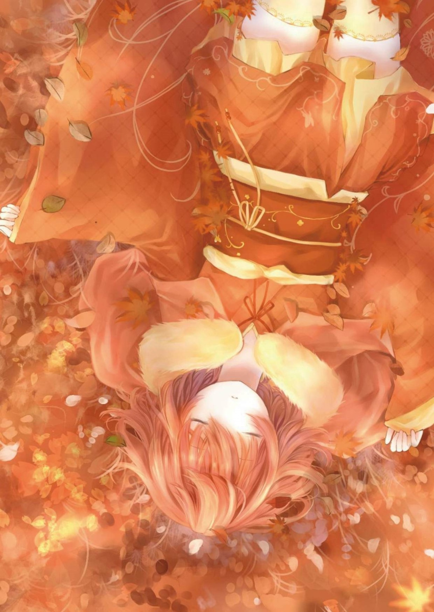 1girl autumn autumn_leaves closed_eyes from_above fur_trim highres lying mio_(pixiv6572033) on_back orange_(color) original redhead solo yellow_legwear